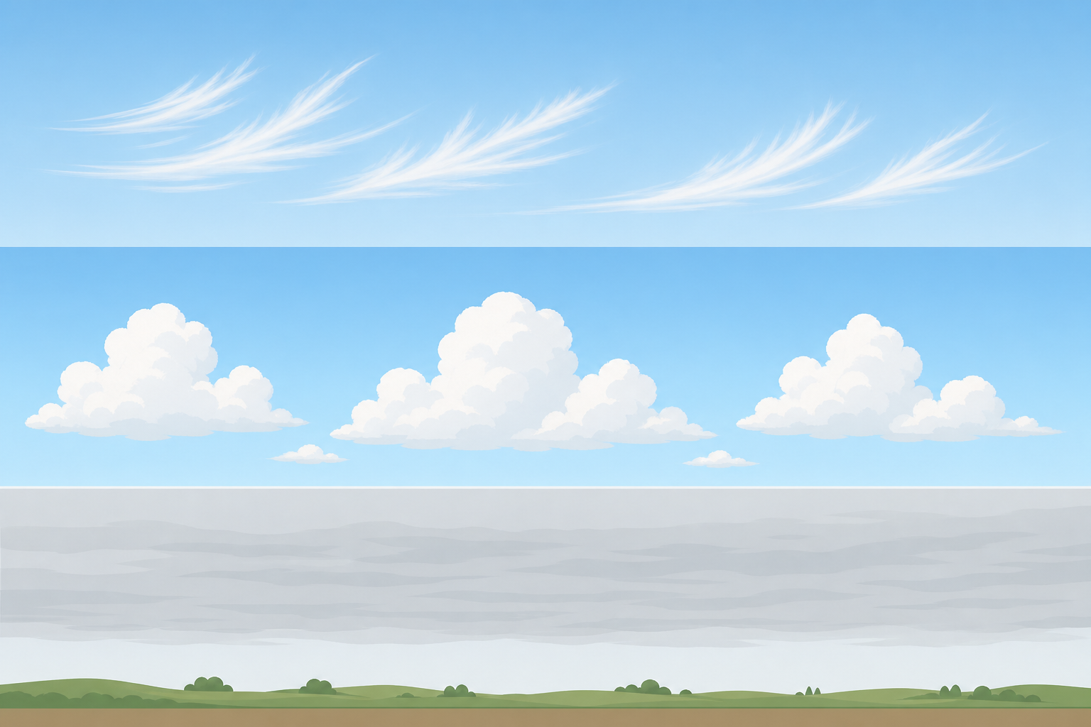 Diagram showing high cirrus, mid-level cumulus, and low stratus clouds arranged by altitude