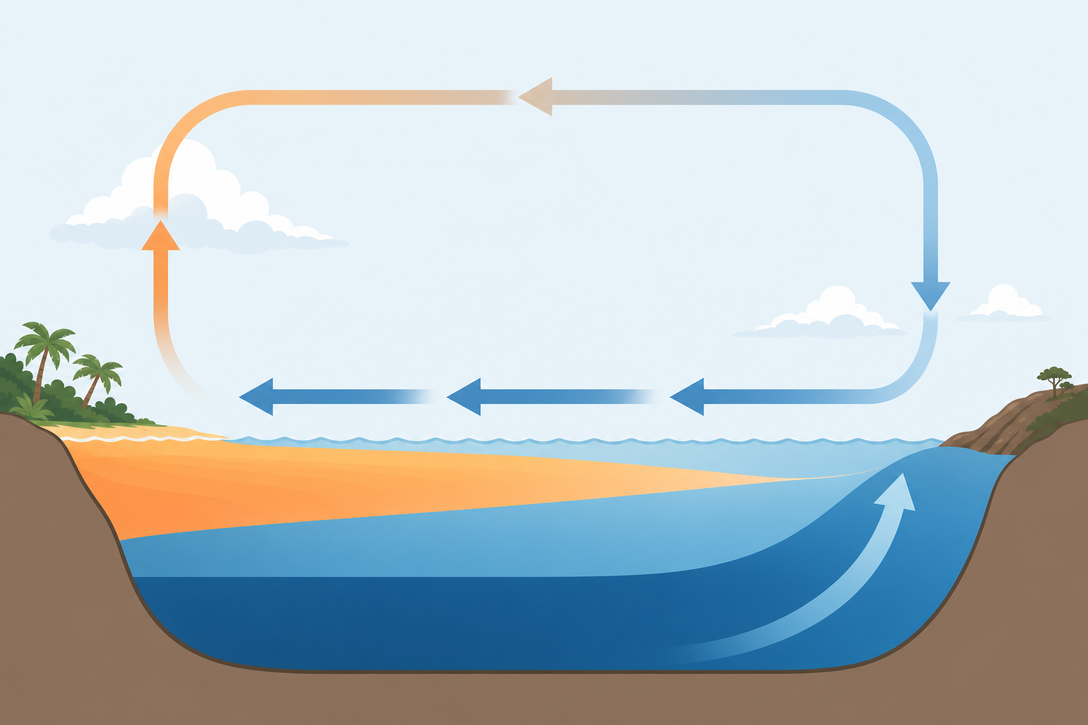 Diagram of equatorial Pacific trade winds and ocean circulation, warm water pooling in the west and cold water upwelling in the east