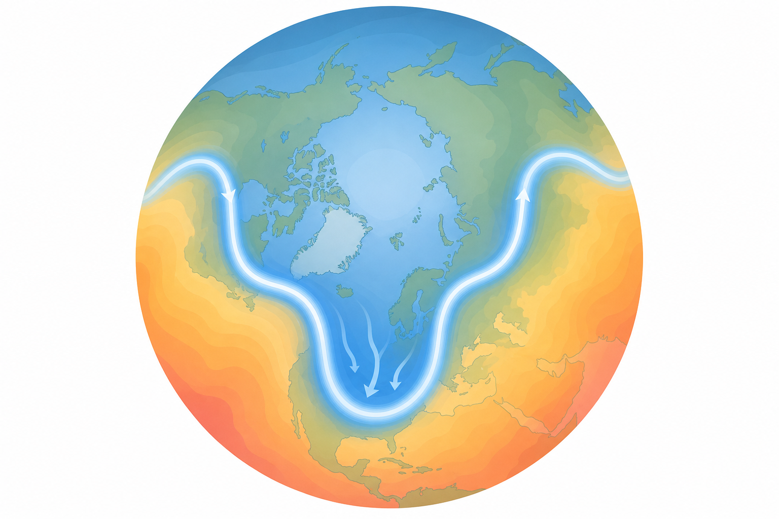 Northern hemisphere seen from above the pole, with a wavy jet stream dipping far south and cold air spilling southward through the dip