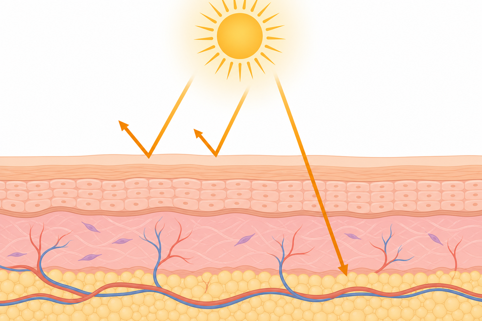 Cross-section of skin layers with sun rays: shorter rays absorbed near the surface and a longer ray penetrating deeper into the skin