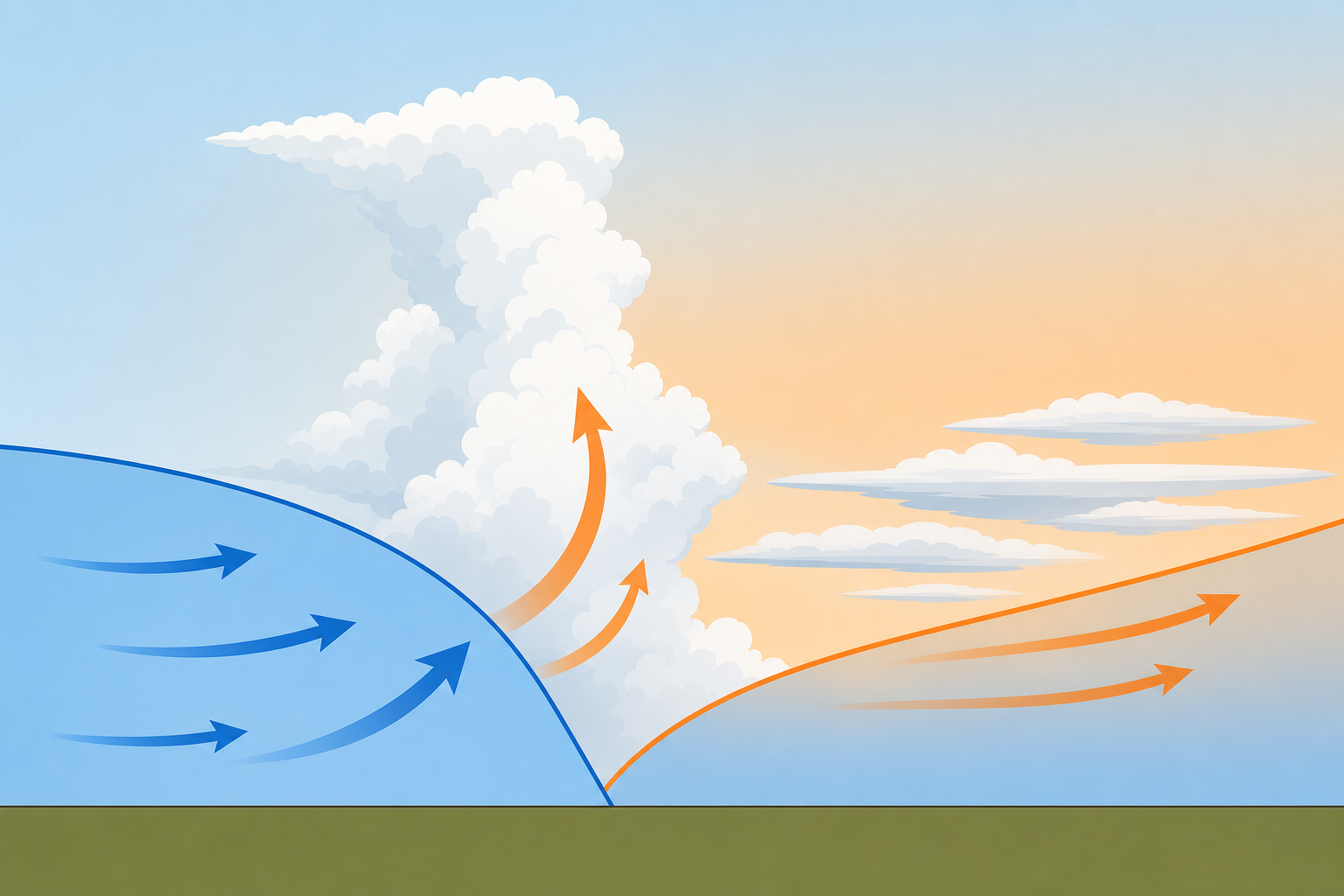 Cross-section showing a cold front lifting warm air steeply into tall clouds, and a warm front gliding gently over cool air forming layered clouds